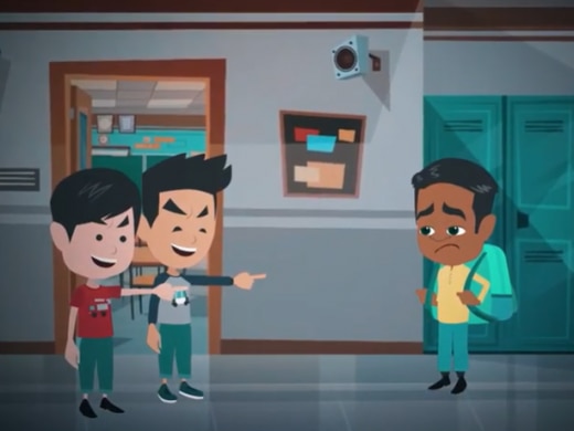 A screenshot from an animation showing a boy getting teased by two other boys in the hallway at school.